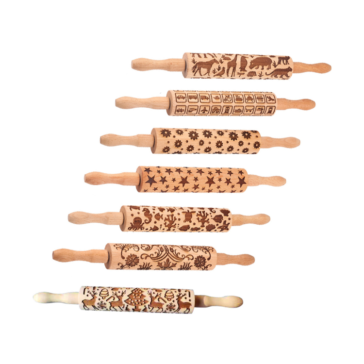 Hot Sale On Amazon Baking Tool High Quality Wooden Pattern Embossed Rolling Pin