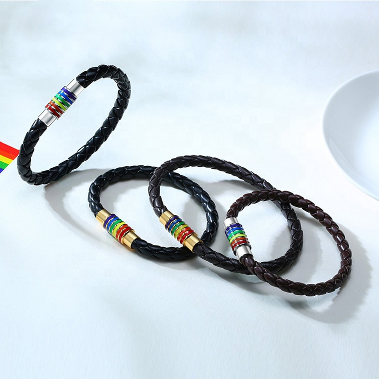 High quality colorful rainbow magnetic black leather health 6mm braided leather mens bracelets