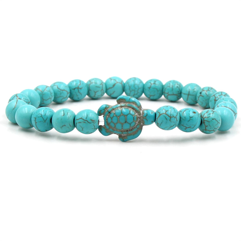 Trendy Unisex Adjustable 8MM Natural Stone Beaded Bracelet Punk Elastic Turquoise Yoga Healing Blue Sea Turtle Charm Bracelet