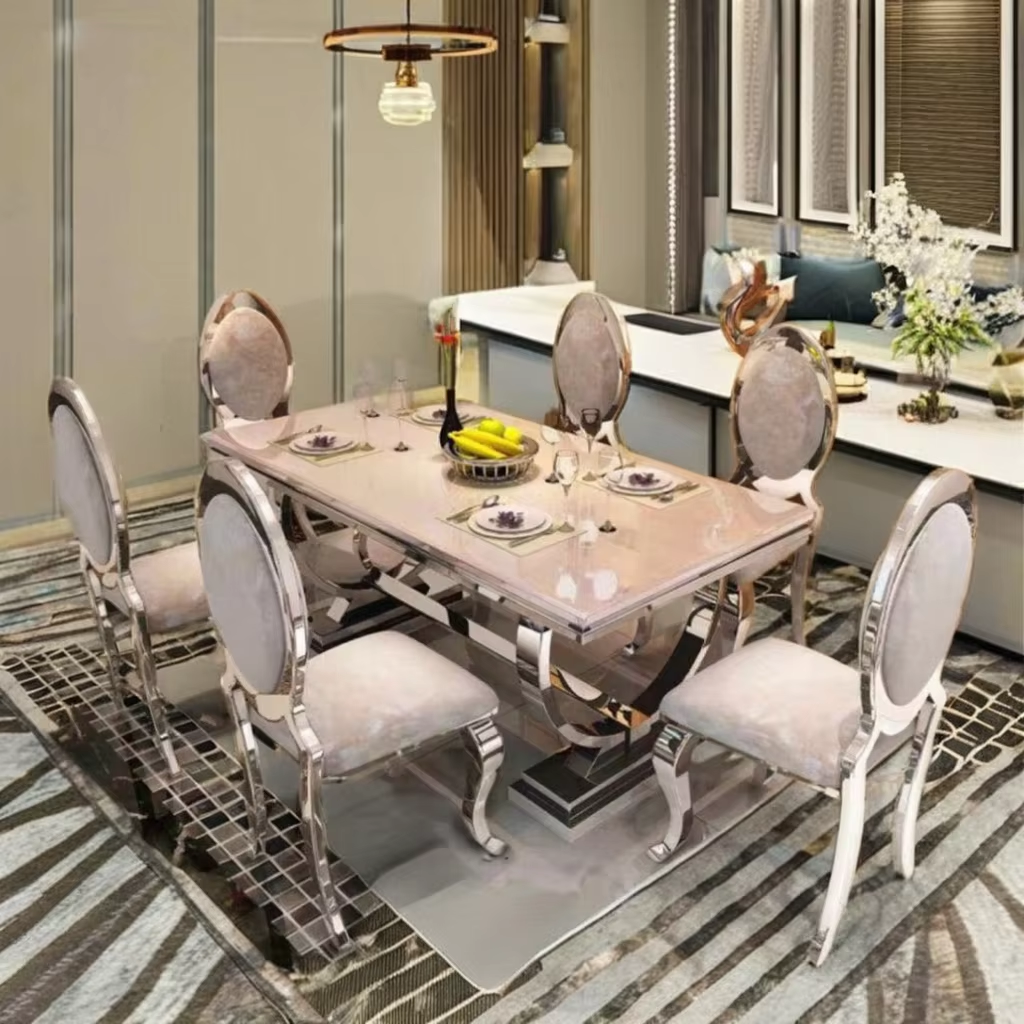 2022 Modern Furniture kitchen dinning table and 6 chair Luxury restaurant metal stainless steel dining room sets dining tables