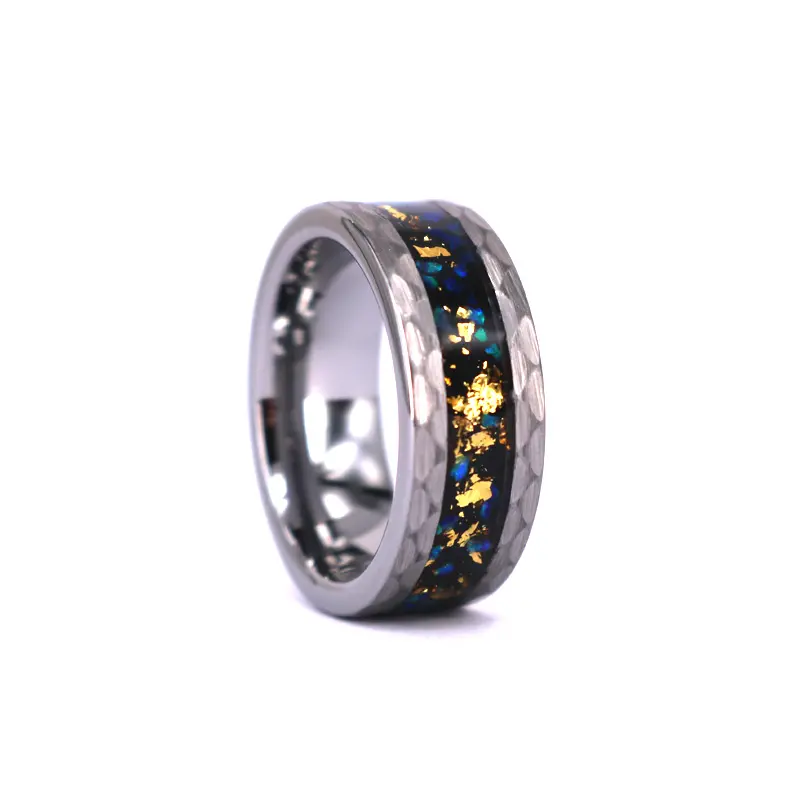 8mm Silver Tungsten Rings for Men Women Wedding Bands Galaxy Opal Gold Foil Inlay Hammered Beveled Edges Comfort Fit