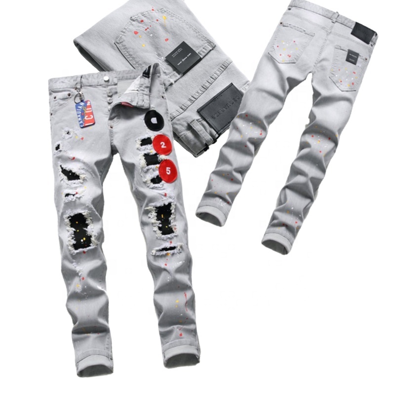 New Style Elastic Patch Jogger Jeans Pant Vintage Mens Distressed Jeans