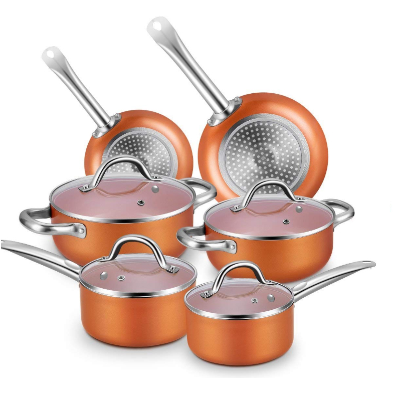 New design aluminum home kitchen king cookware 10pcs copper ceramic cooking pot and pan cookware sets