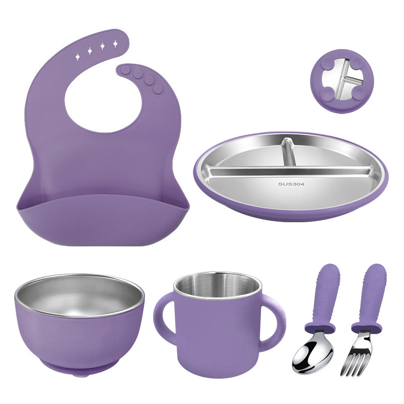 Wholesale Supplies Nursing Weaning Products Silicone Baby Feeding Set Stainless Steel Plate Bowl Spoon Tableware