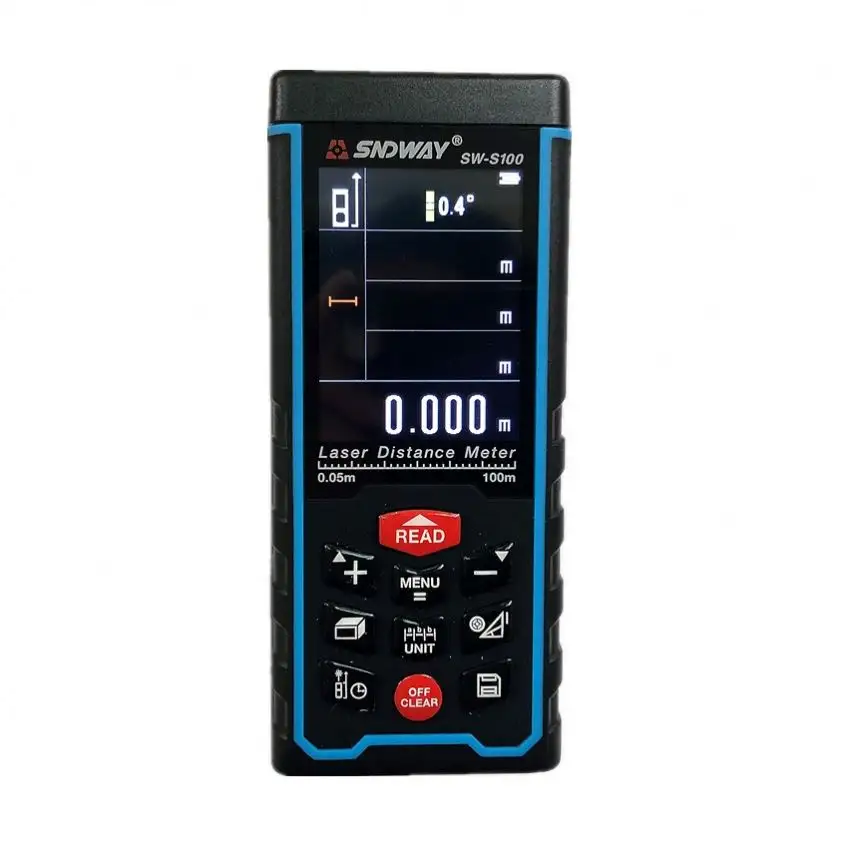 SW-S100 100 м цветной дисплей лазерный дальномер клейкие ленты с пузырьковым уровнем для спускового механизма растояний и объемов