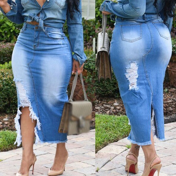 High waist Fadshion Wholesales Ladies denim jeans skirt long womens skirt and top set/womens long skirt set