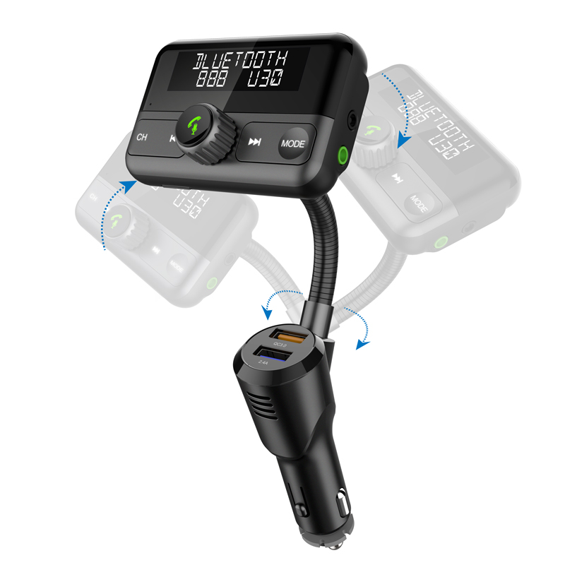 Gooseneck 360 degree rotation blue tooth car mp3 player fm transmitters QC3.0 Quick Charge blue tooth car kit car charger
