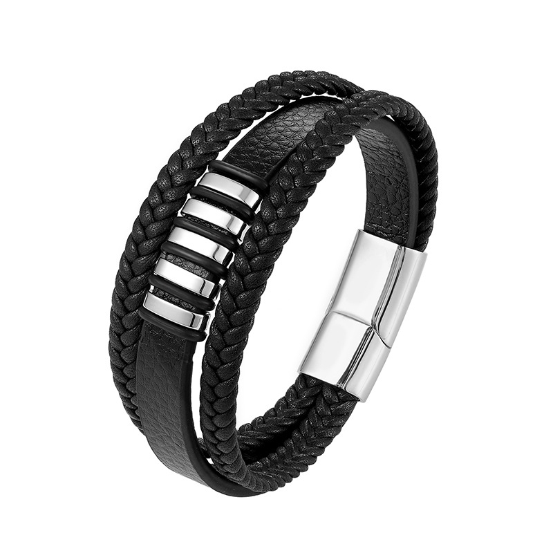 Fashion Stainless Steel Charm Magnetic Black Men Bracelet Leather Genuine Braided Punk Rock Bangles Jewelry Accessories