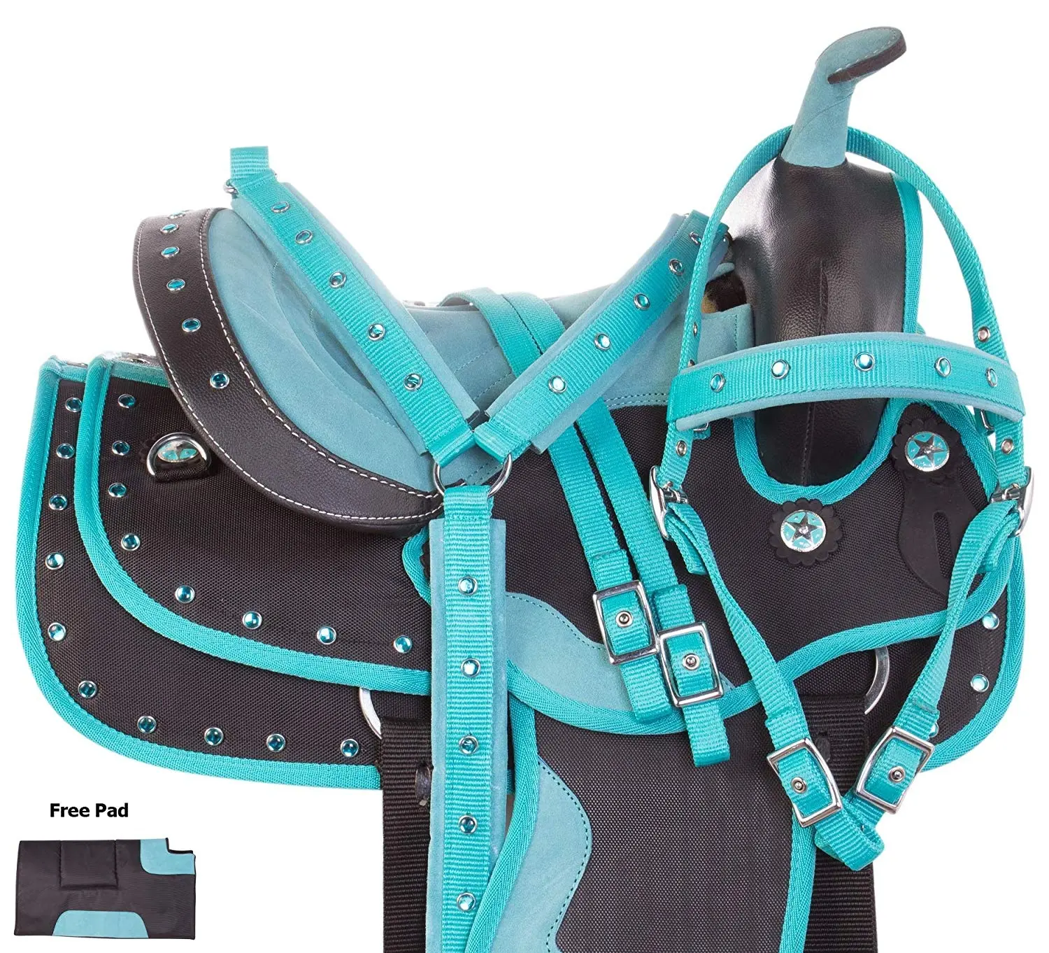 Quarter Horse Western Saddle Set Light Weight Synthetic Teal Crystal Show Bridle Reins Breastplate 10" to 18"