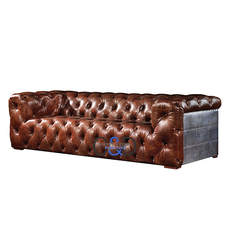 Гостиной Ретро промышленный античный коричневый кожаный диван chesterfield с алюминиевыми заклепками