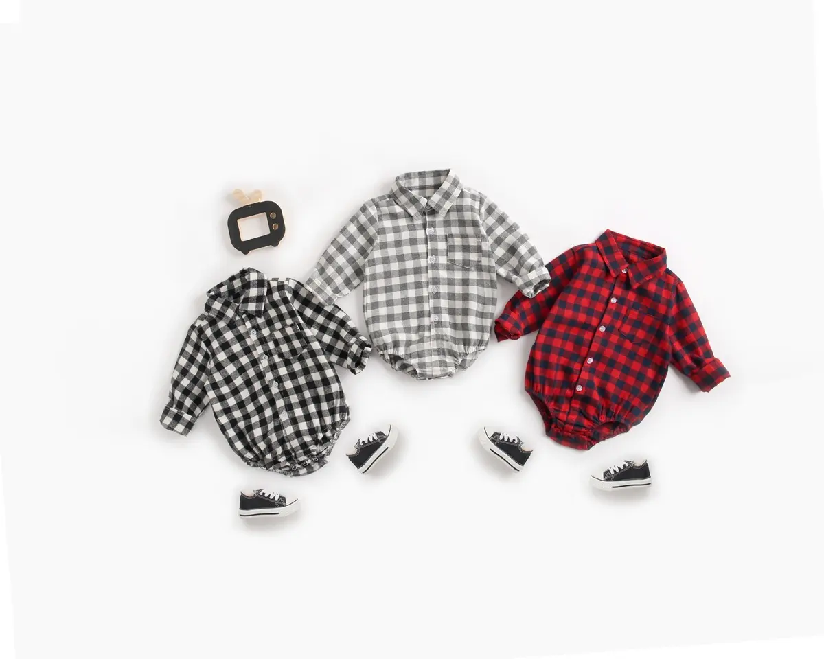 Autumn and winter plaid boy's long-sleeved shirt baby crawl suit