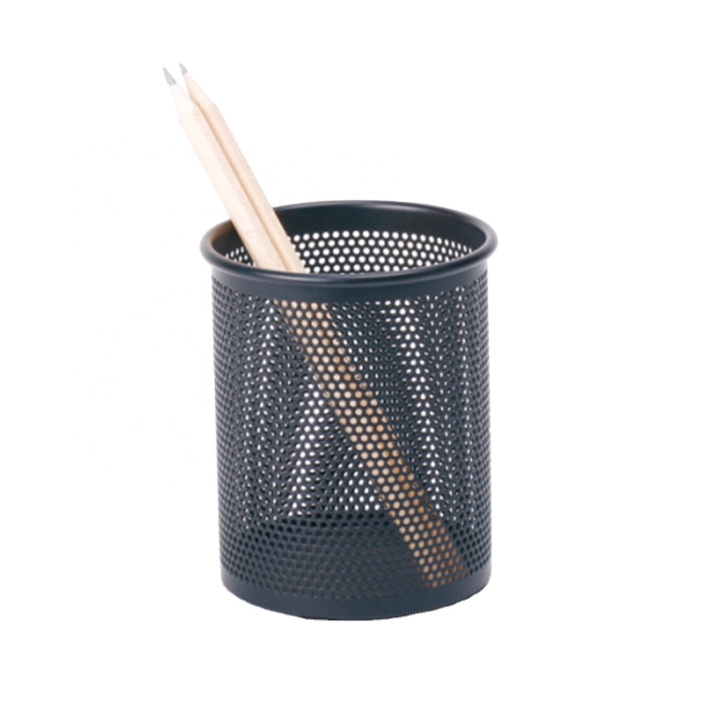 High quality low price office stationery desktop pen organizer black 8.5cm round shape pencil holder metal wire mesh pen holder