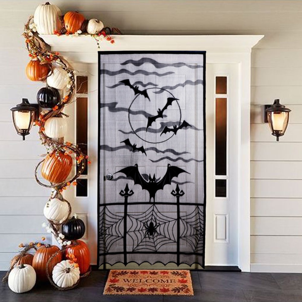 100*210cm Polyester Halloween Bat Spider Web Pattern Halloween Party Wall Door Decorative Hanging Translucent Black Curtain