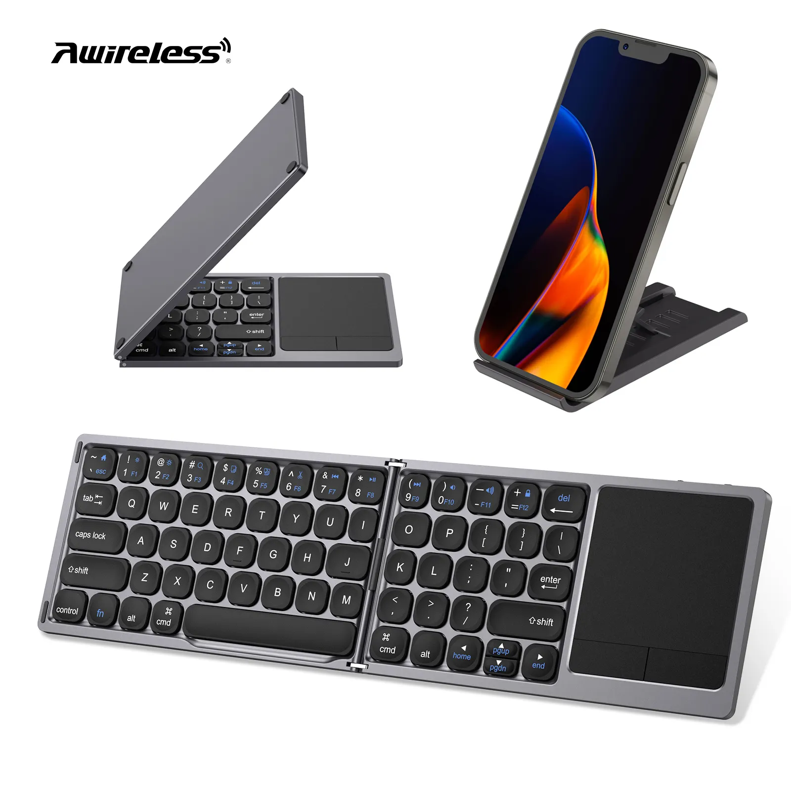 Black foldable bt  Wireless Folding bluetooth keyboard qwerty Layout  touch pad wireless keyboard