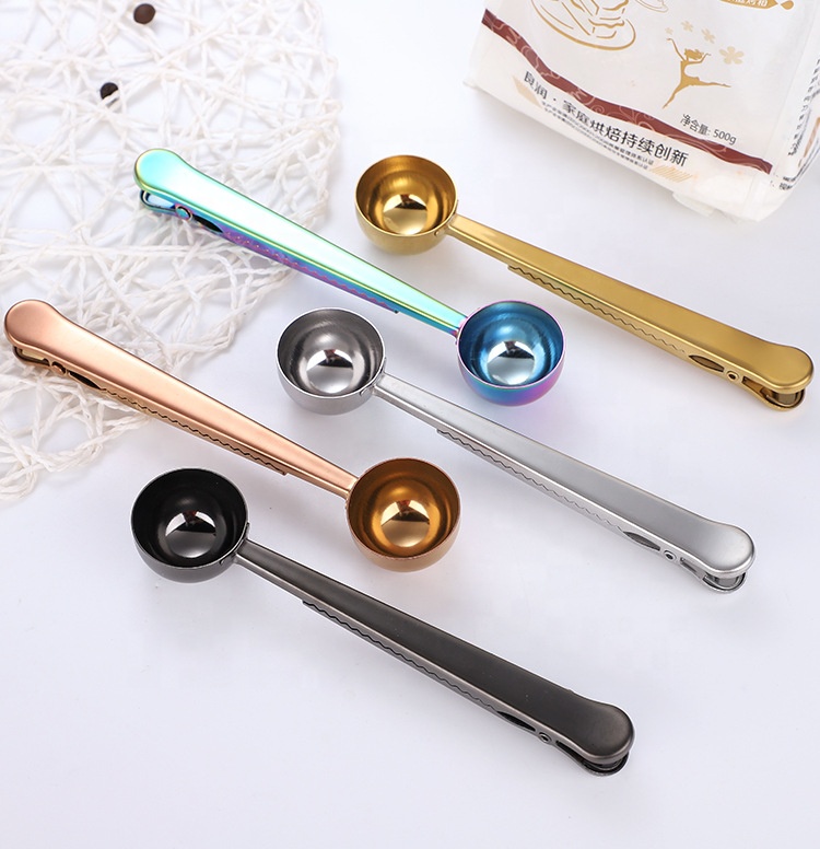 wholesale 5 different colors Sling Cute metal Stainless Steel Coffee Measuring Spoon Clips