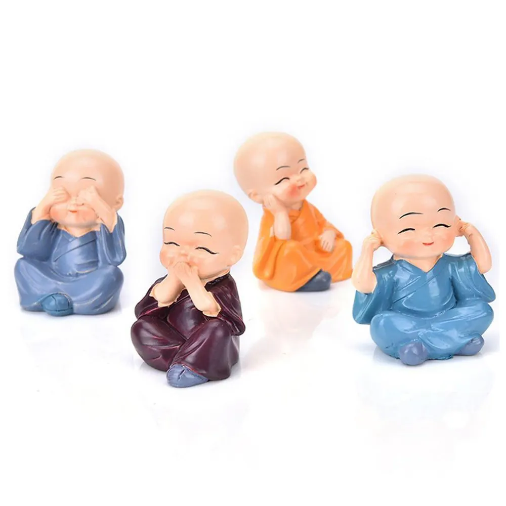 Four Resin Laughing Little China Zen Kung Fu Family Toy Doll Statue Cute Buddha Monk