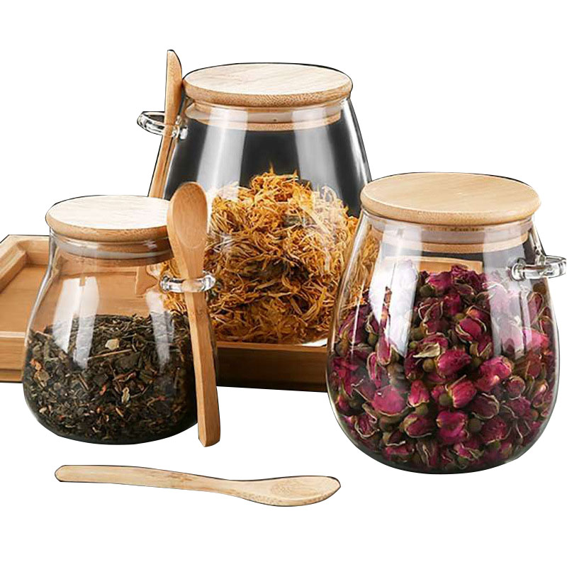 Kitchen Glass Jar Glass Spice Jar Bamboo Wooden Lid Food Storage Container With Spoon