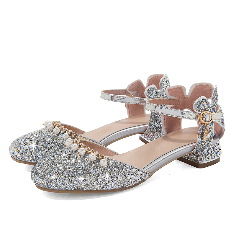 Girls' big kids sandals little girls stage shoes crystal sequins pearl princess children's high heels