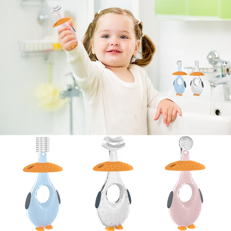 Baby Training Silicone Toothbrush Soft Bristled Suction Cup Toothbrush kids Toothbrush with 3 Brush Head for Toddlers and Kids