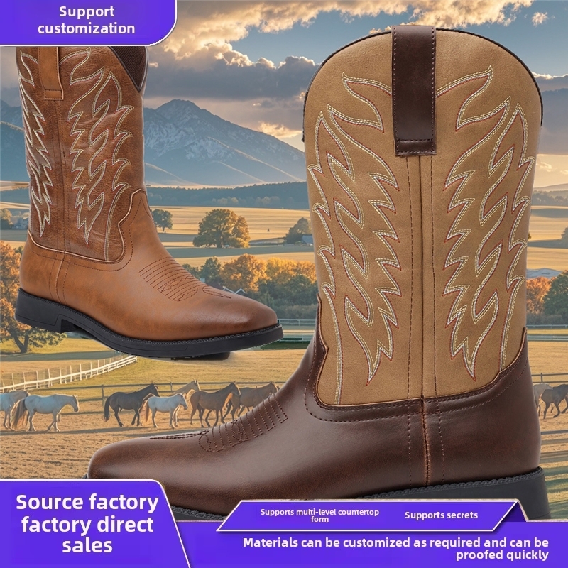 Ofu Footwear 9701 Crazy Horse Skin Effect Element Classic High Embroidered Vintage Wide Toe Western Cowboy Boots
