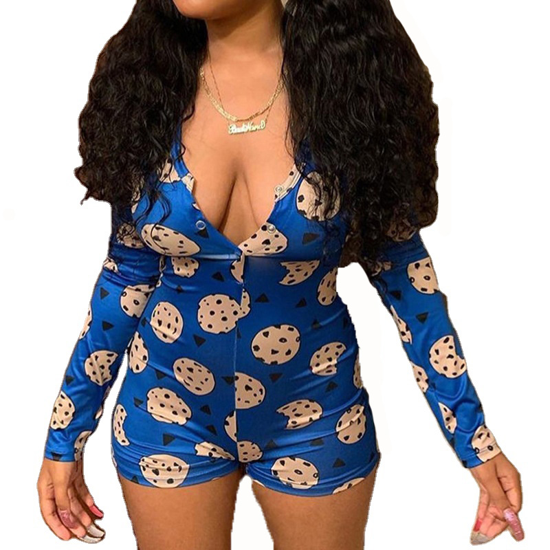 2020 Lady Club Nightwear Print Onsie Women Deep-V One Piece Bodysuit Bodycon Sexy Adult Bandana Onsies Onesie Rompers For Womens