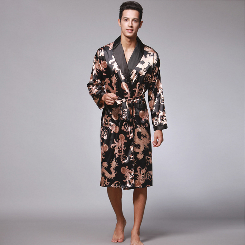 Long Sleeve Bathrobe Nightwear with Pocket Chinese Dragon Print Mens Silk Pajama sets