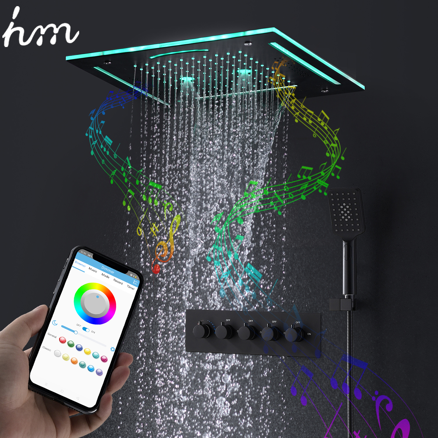 HM Modern Ceiling Embedded Rain Misty LED Music Shower Head Bathroom Shower Faucet Set