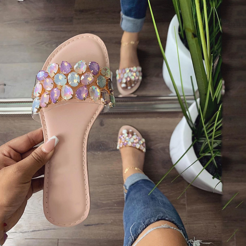 Красивые Летние сандалии, сексуальные женские шлепанцы Sepatu со стразами, обувь на плоской подошве