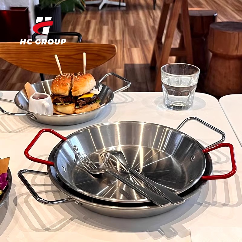 Spanish Korean Style Cookware Stainless Steel Double Handle Flat Pan Salad Pasta BBQ Seafood Plate Dish