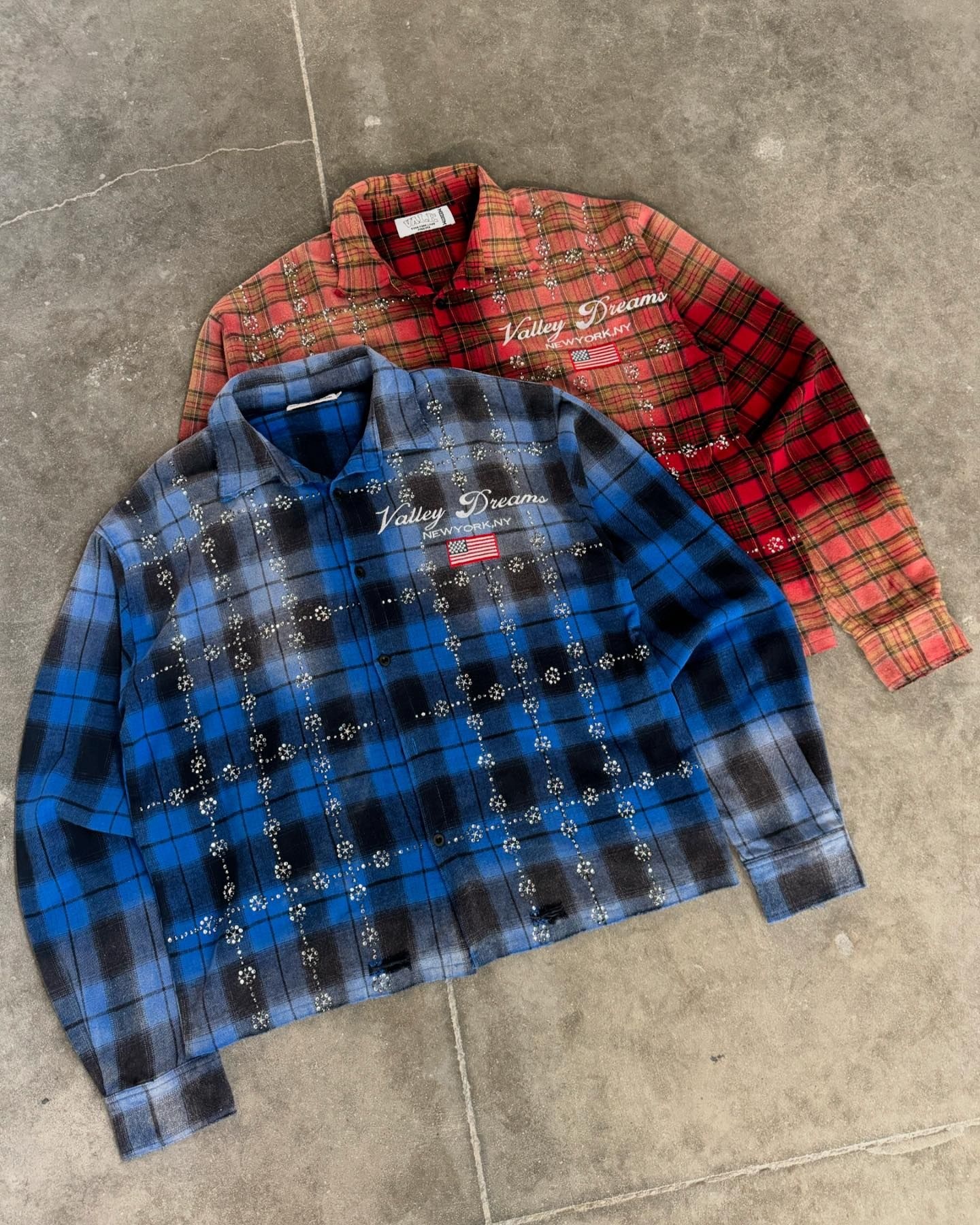 Salati Custom Crystal Oversized Long Sleeve Plaid Sun Faded T Shirts Rhinestone Button Up T-shirt Acid Wash Men's Flannel Shirts