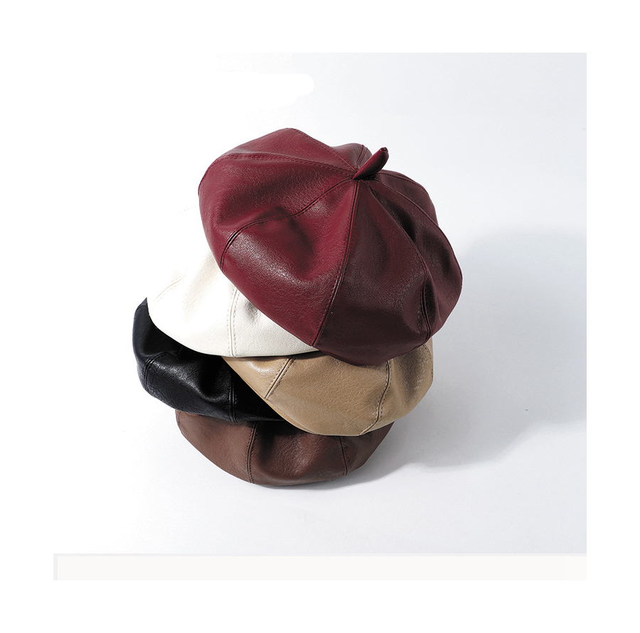 Autumn And Winter Women Multicolor Adjustable Classic French Solid Color Beret Adult Pu Leather Beret Hats