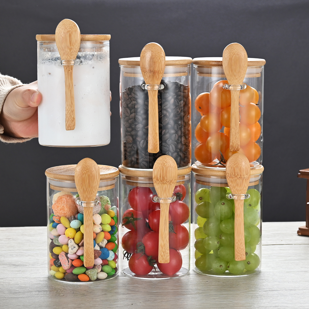 6pcs Airtight high borosilicate glass spice Storage jar set with bamboo lids and spoon