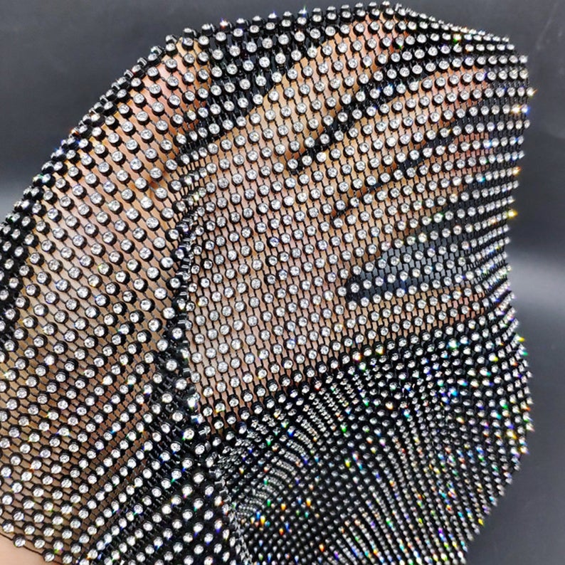 Elastic Sequin Net Fabric Rhinestone Cuttable Soft Stretch Rhinestone Mesh Fabric for Clothing Bag Party