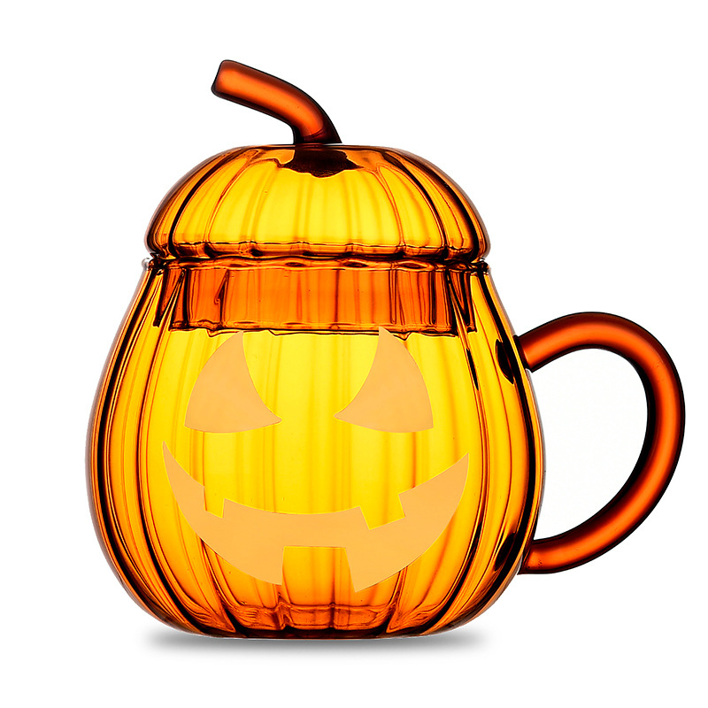 Hallowmas Pumpkin Shaped Borosilicate Heat Resistant Glass Cup with Lid and Handle