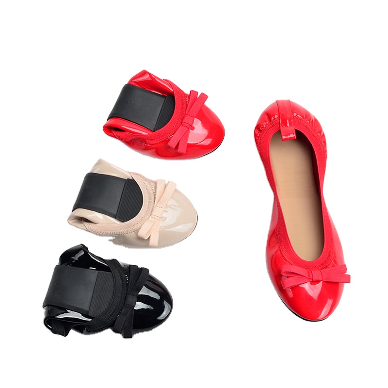 Patent leather ribbon bows Elastic edge heel strap flodable ballet doll women flats shoes ballerina for ladies