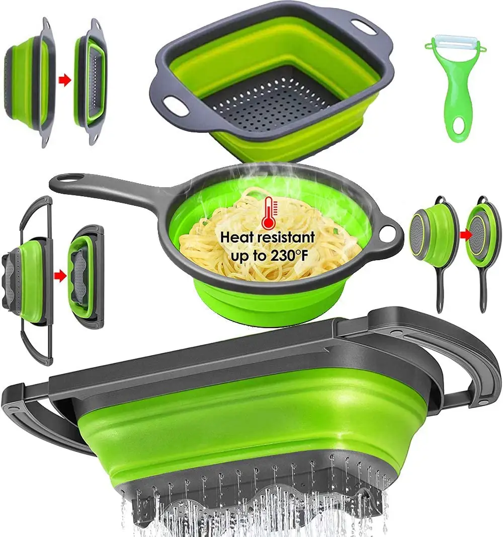 Collapsible Colander Set, Pasta Strainer Basket with Plastic Handles, Collapsible Strainers for Kitchen with  Handles