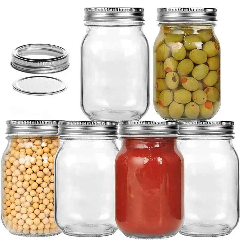 Custom 16oz Empty Ruguilar Mouth Food Storage Glass Mason Jar with Metal Lid