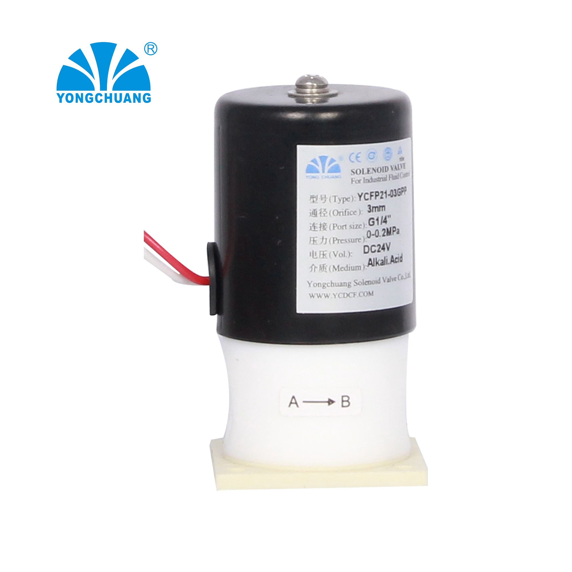 Yongchuang бренд YCFP21 PTFE Изоляция 24vdc химический Соленоидный клапан