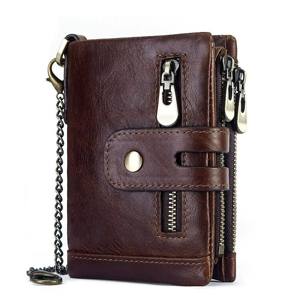 Hot Sale Cowhide Small Mini Genuine Leather Wallets RFID Blocking Luxury Gents Custom Zipper Mens Slim Wallet