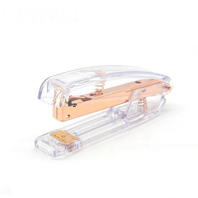 2021 Amazon hot sale stationery Rose gold gift stapler high grade transparent trendy plastic stapler