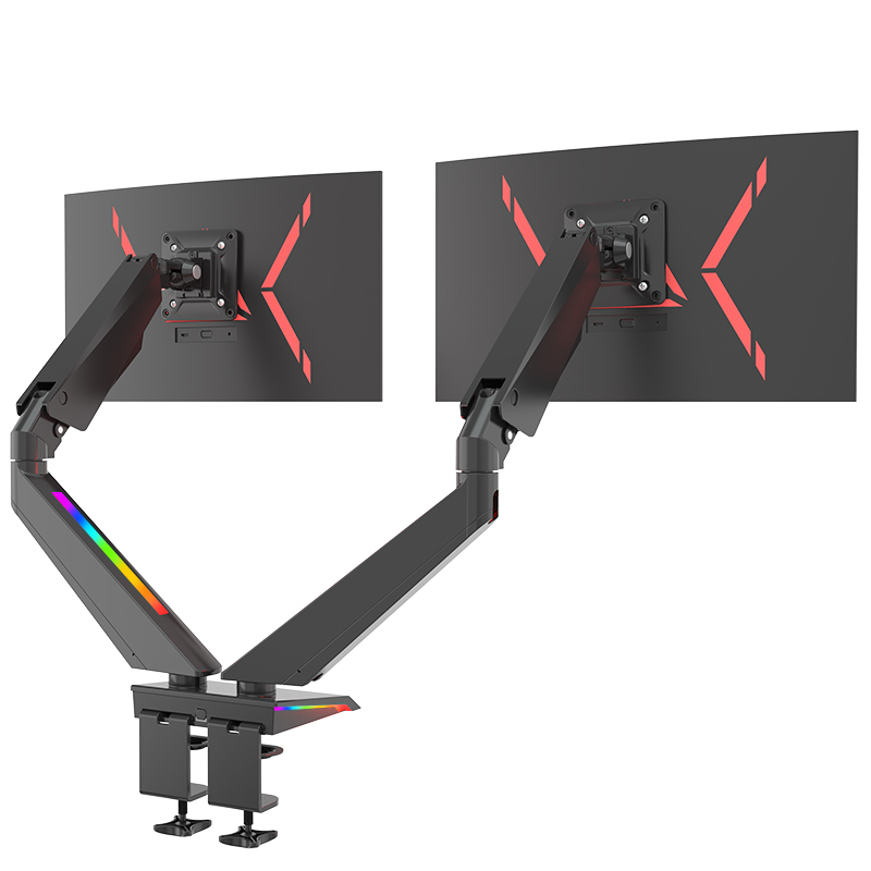Игровое крепление для двойного монитора с RGB-подсветкой, одинарная стойка для монитора VESA для плоских/изогнутых экранов, регулируемая газовая пружина