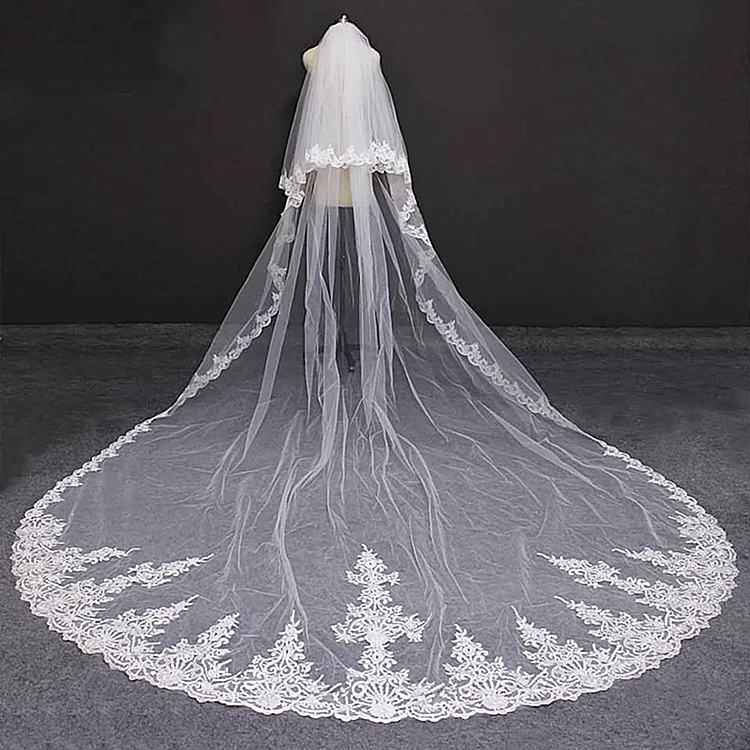 New Design Soft Bridal Veil 4M Long Wedding Veil White Lace Edge With Comb