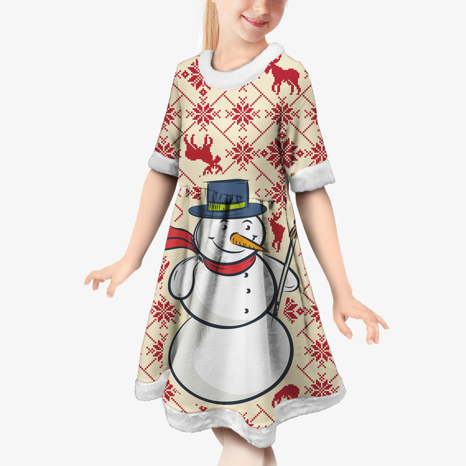 Snowman Print Christmas Dress Toddler Girls Outfits Lovely Girl Bow Knot Party Xmas Gown Formal Dress Costume For Girl