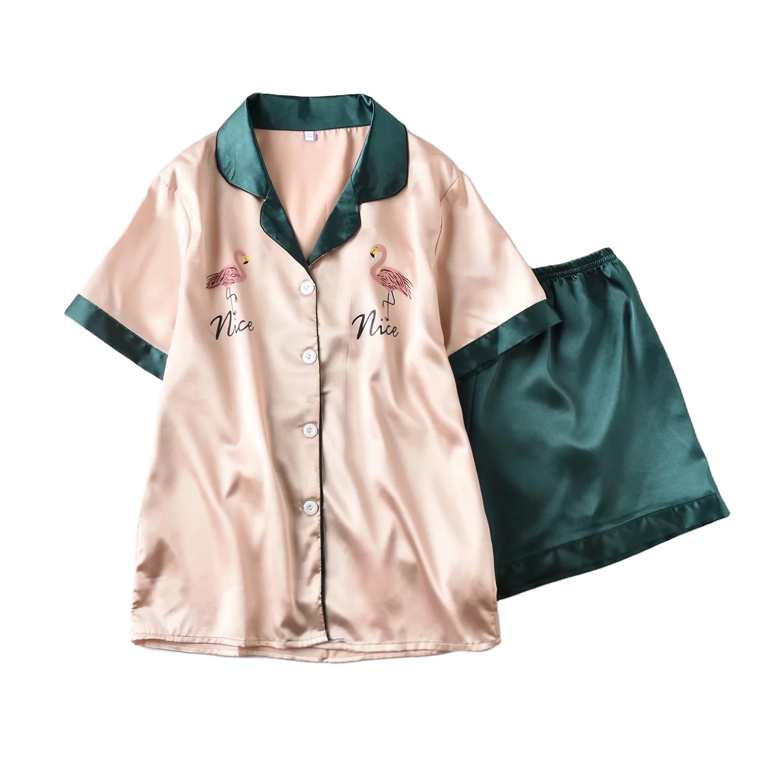 Soft luxury short sleepwear cute printed plus size pajamas summer satin pajama sets for women