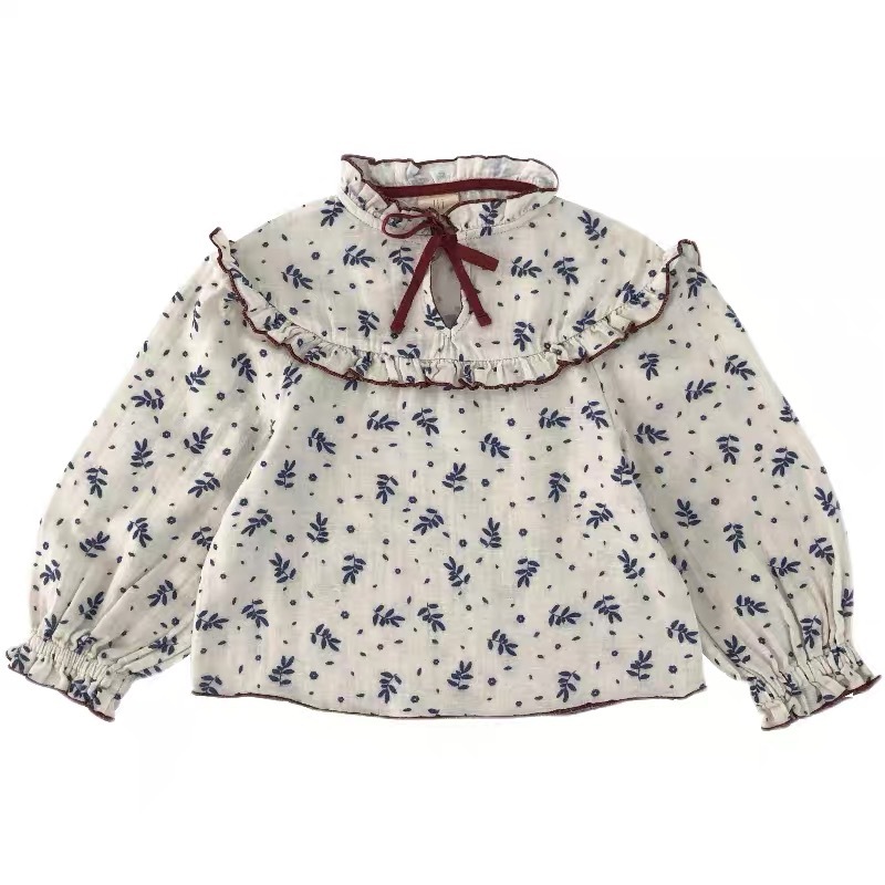 wholesale white kids Floral blouse baby girl top linen fabric puff long sleeve 100% cotton floral baby kids girls top shirt