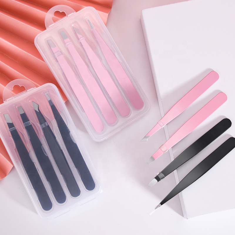 Customized 2pcs 4pcs Black Pink Slanted Pointed Eyelash Eyebrow Tweezers Set with case
