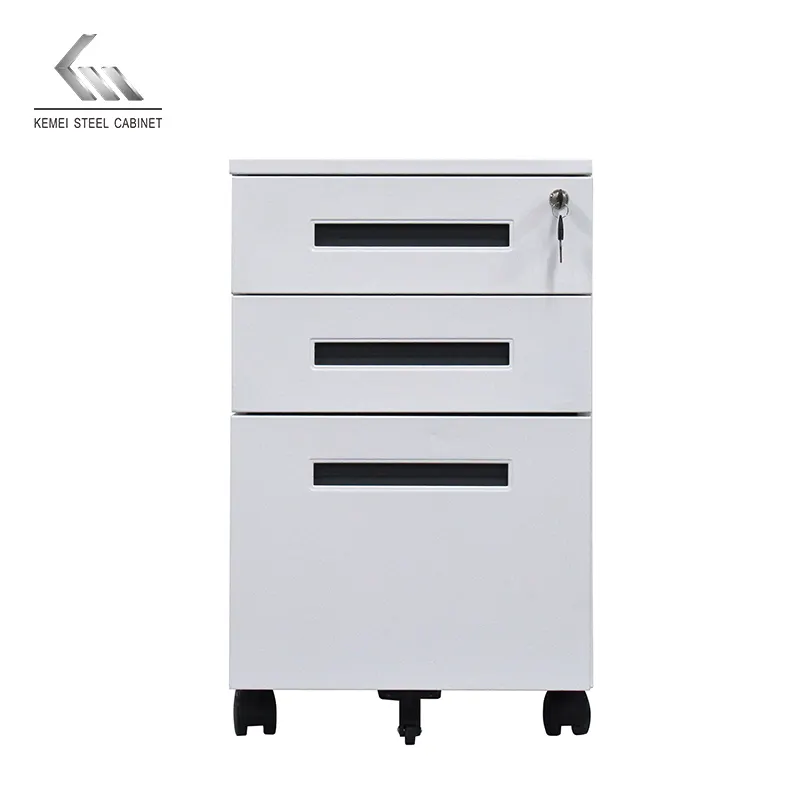 Kemei under desk drawer movable 3 drawer industrial storage with 5 movable wheel metal file cabinet
