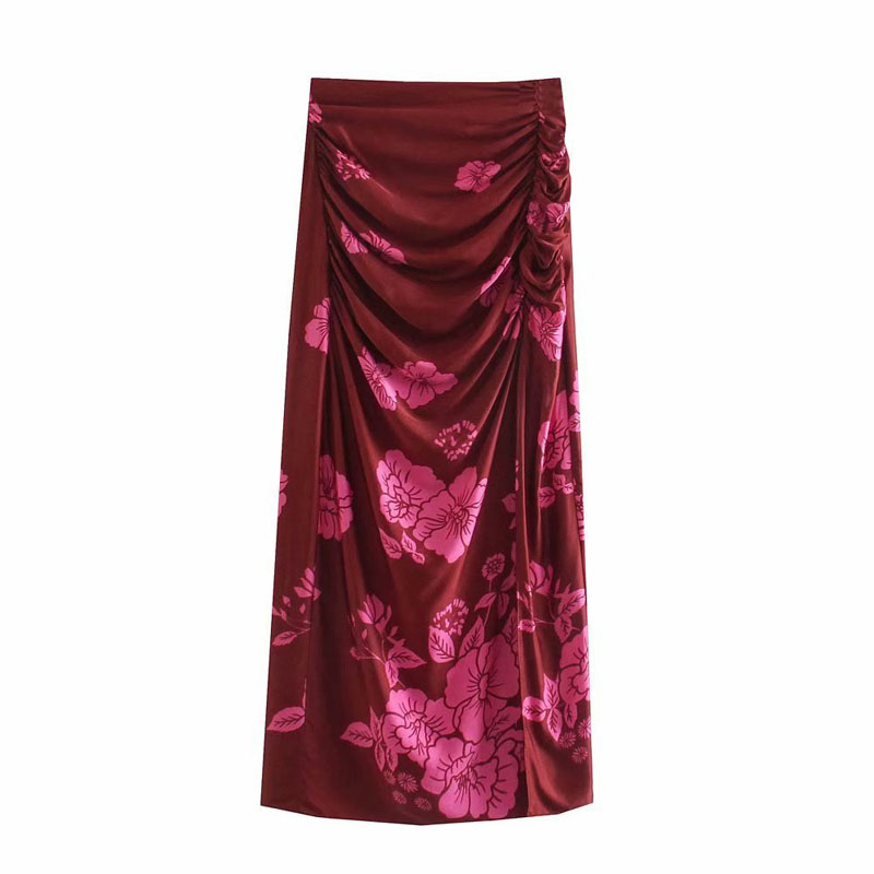 Q642 Autumn 2021 Women Fashion Wrinkled Bohemian Print Mid Calf Skirt 8
