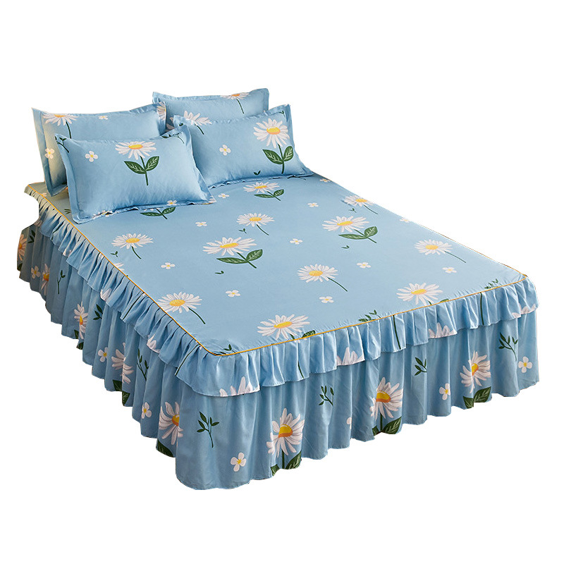 Factory Wholesale Brushed Net Red Thick Bilateral Princess Style Spa Queen Size Beds Skirt Bed Cover Set