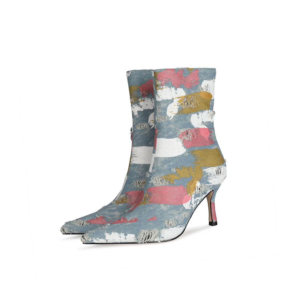 Trendy fashion denim printing and dyeing high-heeled stiletto plus size ladies short boots